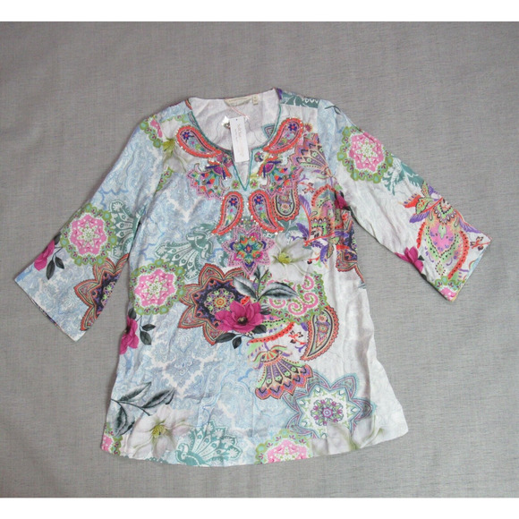 Soft Surroundings Top Womens M Aquatic Blue Florent Tunic Beaded Beachy Boho NWT - Picture 1 of 11